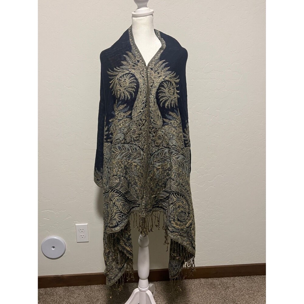 Vintage Navy Blue Gold Metallic Paisley Pashmina Shawl Scarf Poncho Wrap Tassel